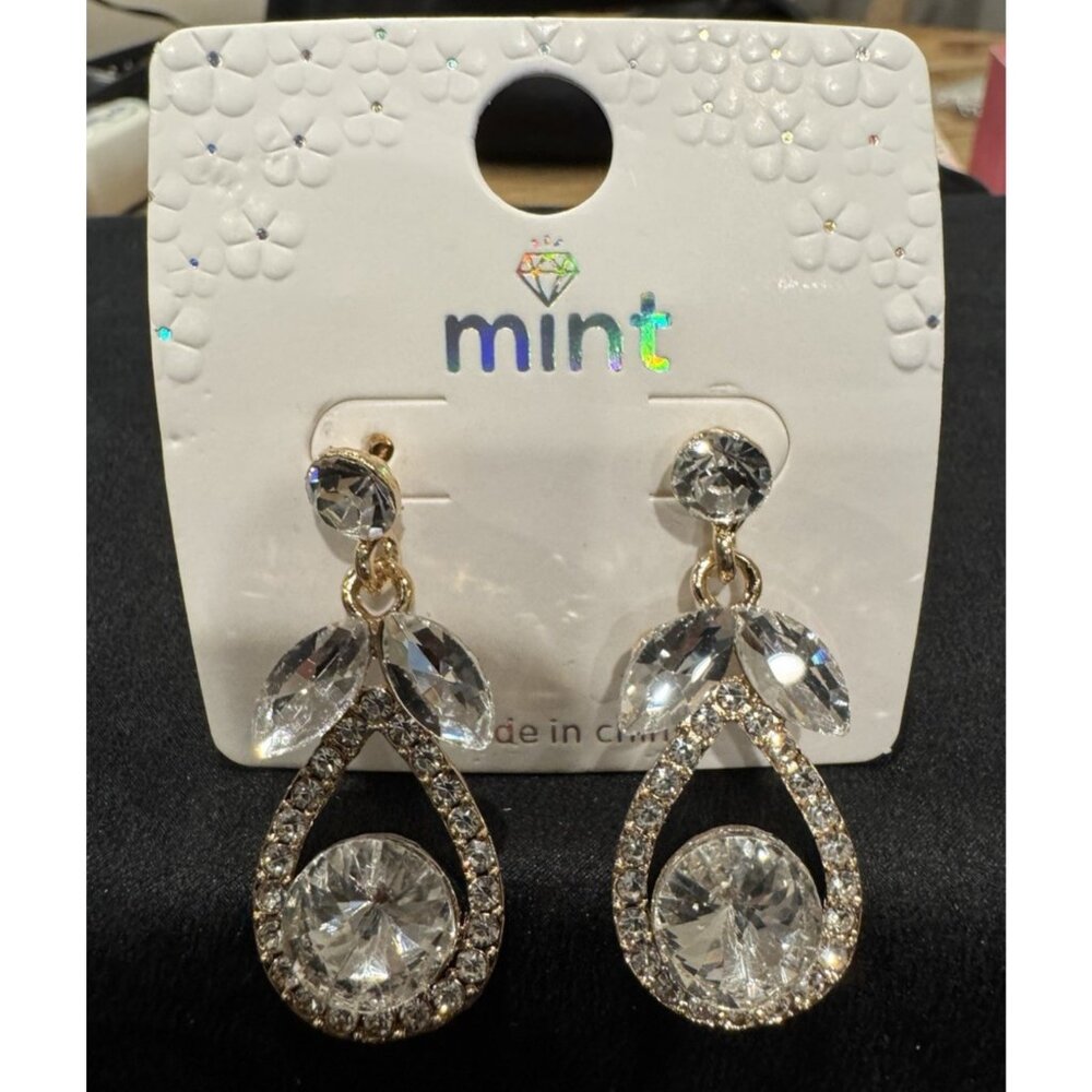 Mint Faux Crystal Gold Rhinestone Earrings Party Wedding Cruise NEW